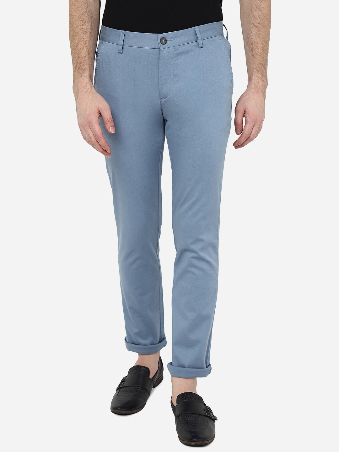 Sky Blue Solid Super Slim Fit Casual Trouser | Greenfibre