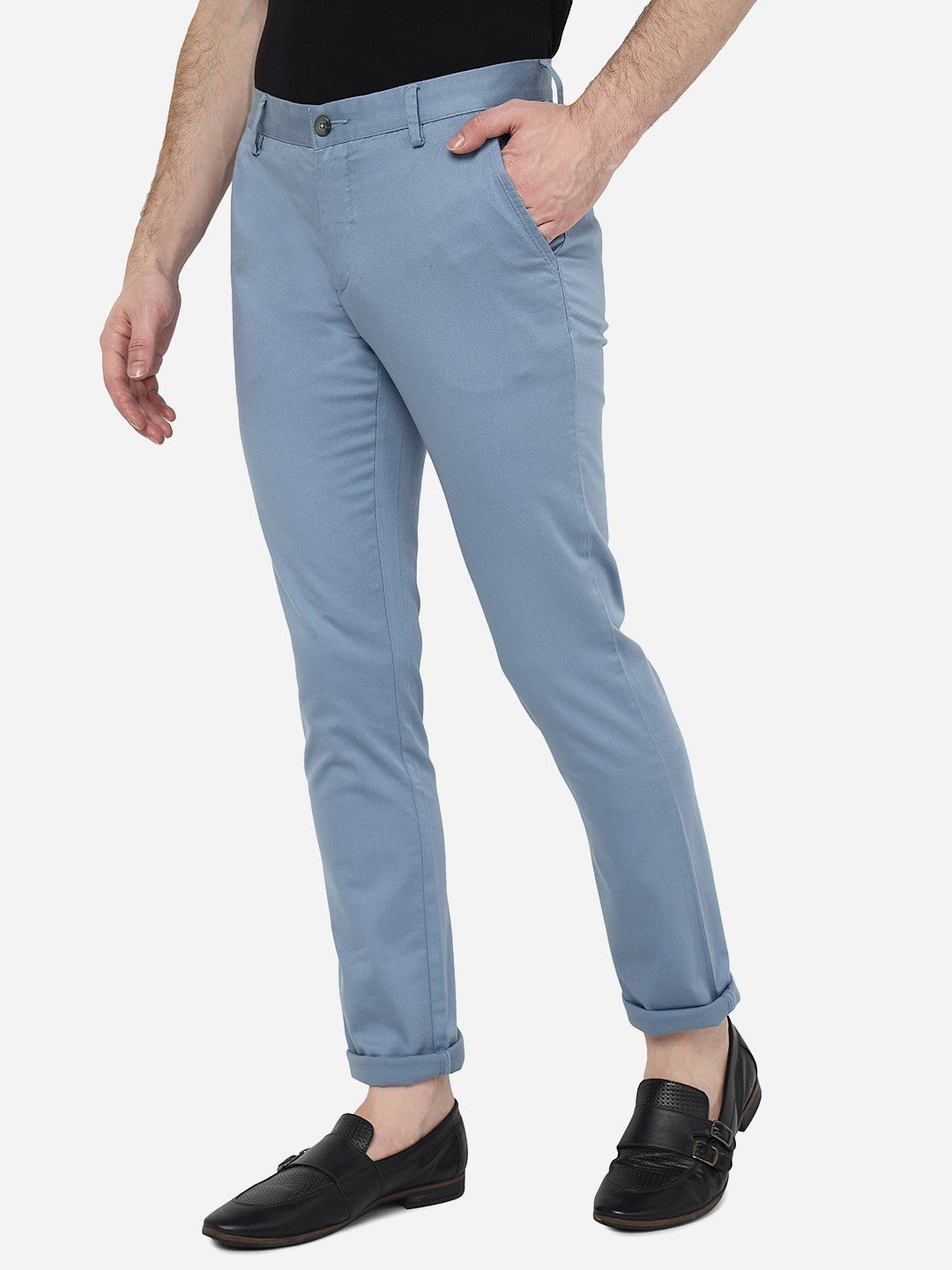 Sky Blue Solid Super Slim Fit Casual Trouser | Greenfibre