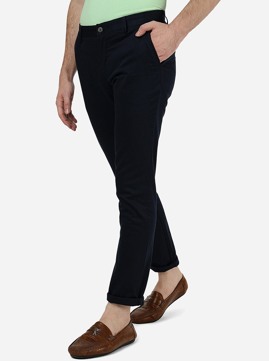 Navy Blue Solid Super Slim Fit Casual Trouser | Greenfibre