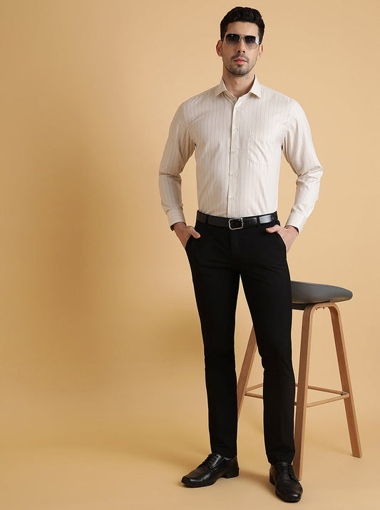 Beige Striped Regular Fit Formal Shirt | Greenfibre