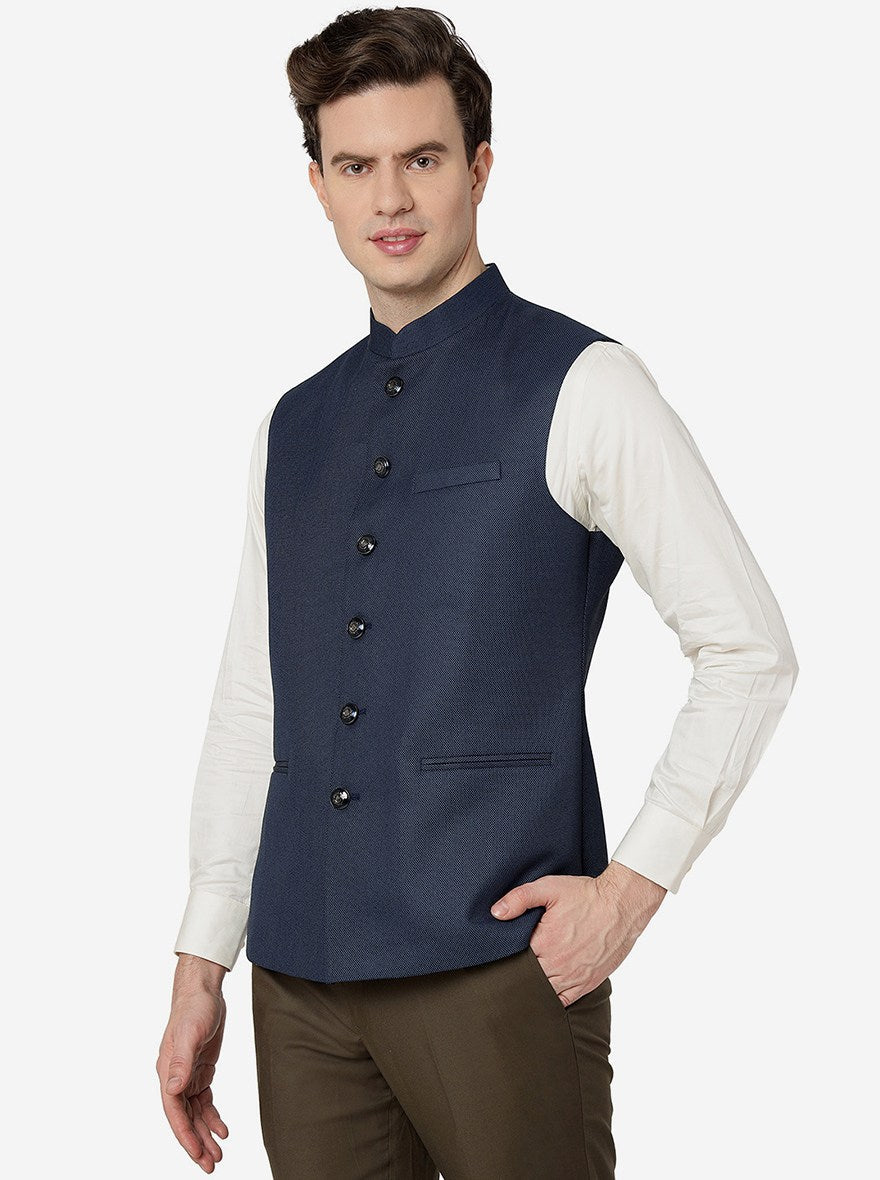 Blue Solid Regular Fit Bandhgala Jacket | Greenfibre