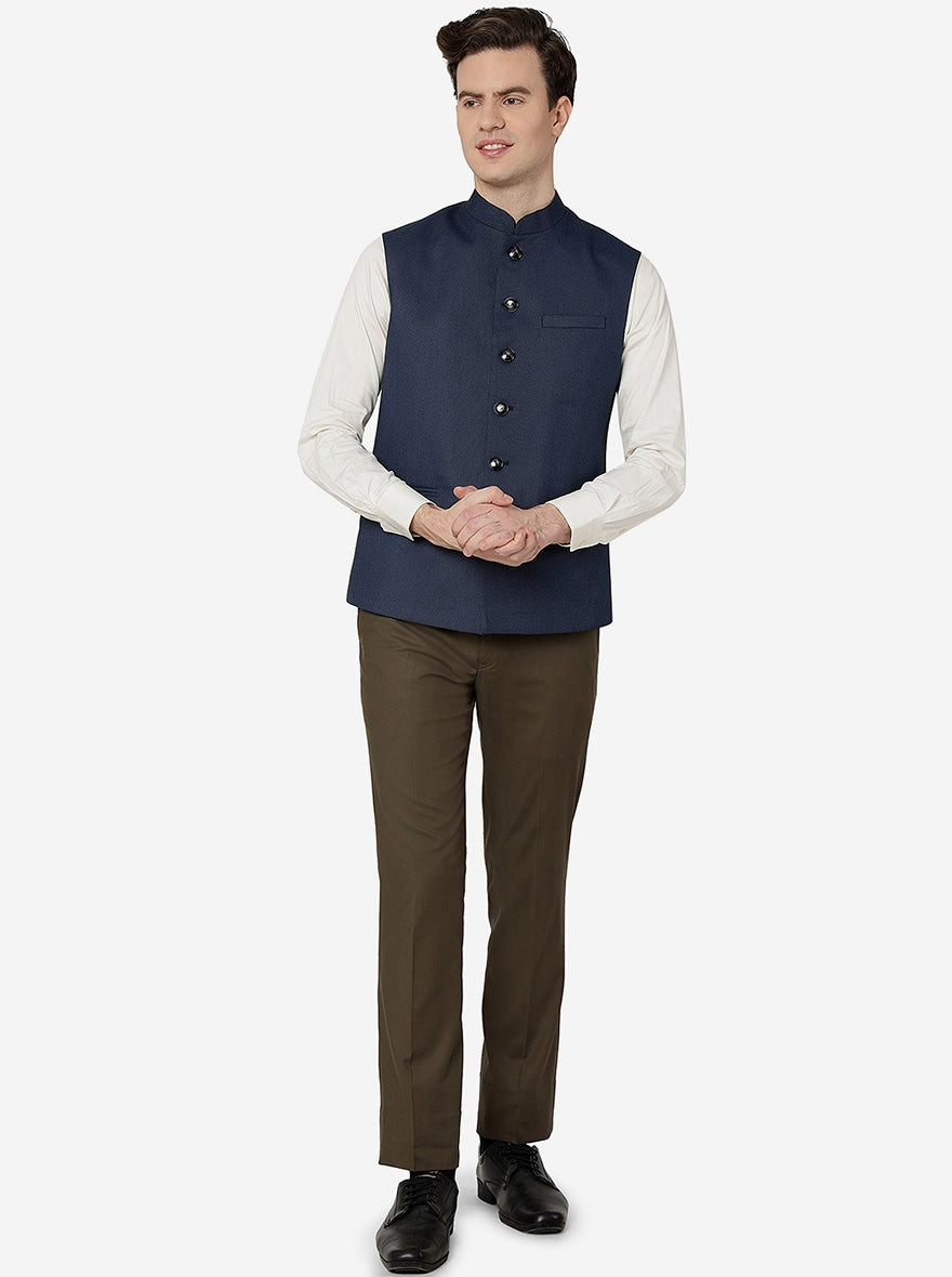 Blue Solid Regular Fit Bandhgala Jacket | Greenfibre
