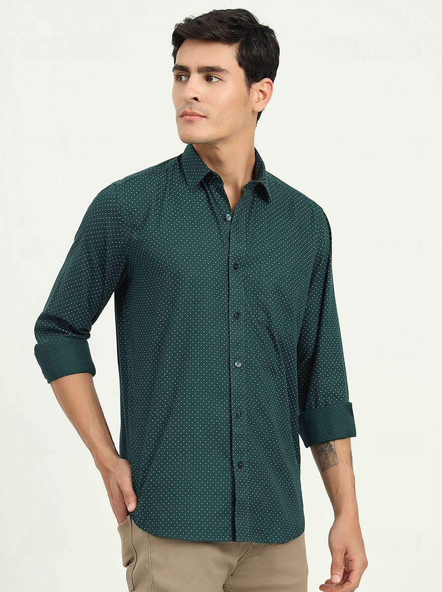 Bottle Green Printed Slim Fit Semi Casual Shirt | Greenfibre