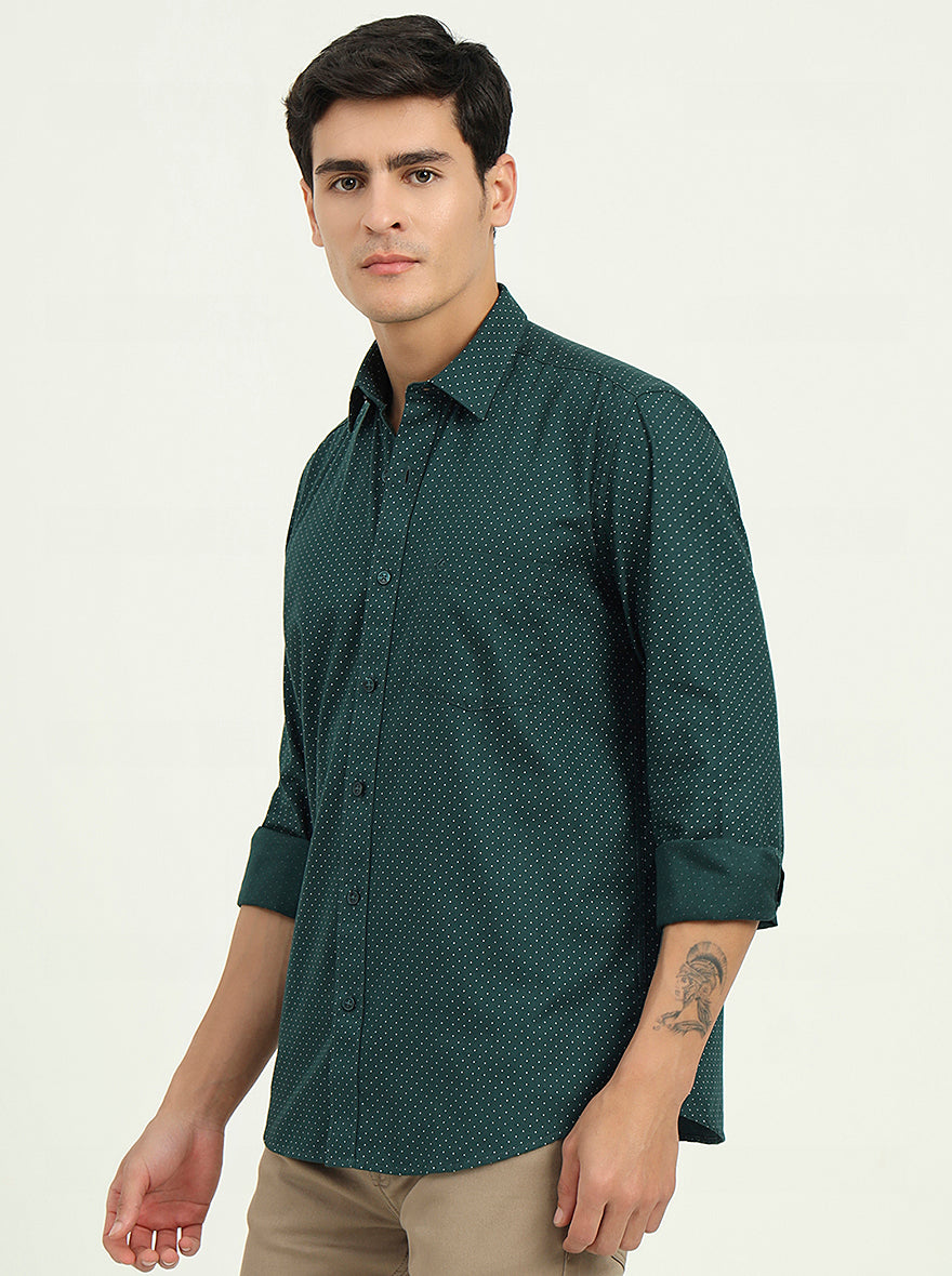 Bottle Green Printed Slim Fit Semi Casual Shirt | Greenfibre