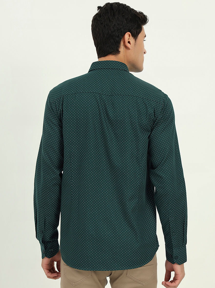 Bottle Green Printed Slim Fit Semi Casual Shirt | Greenfibre