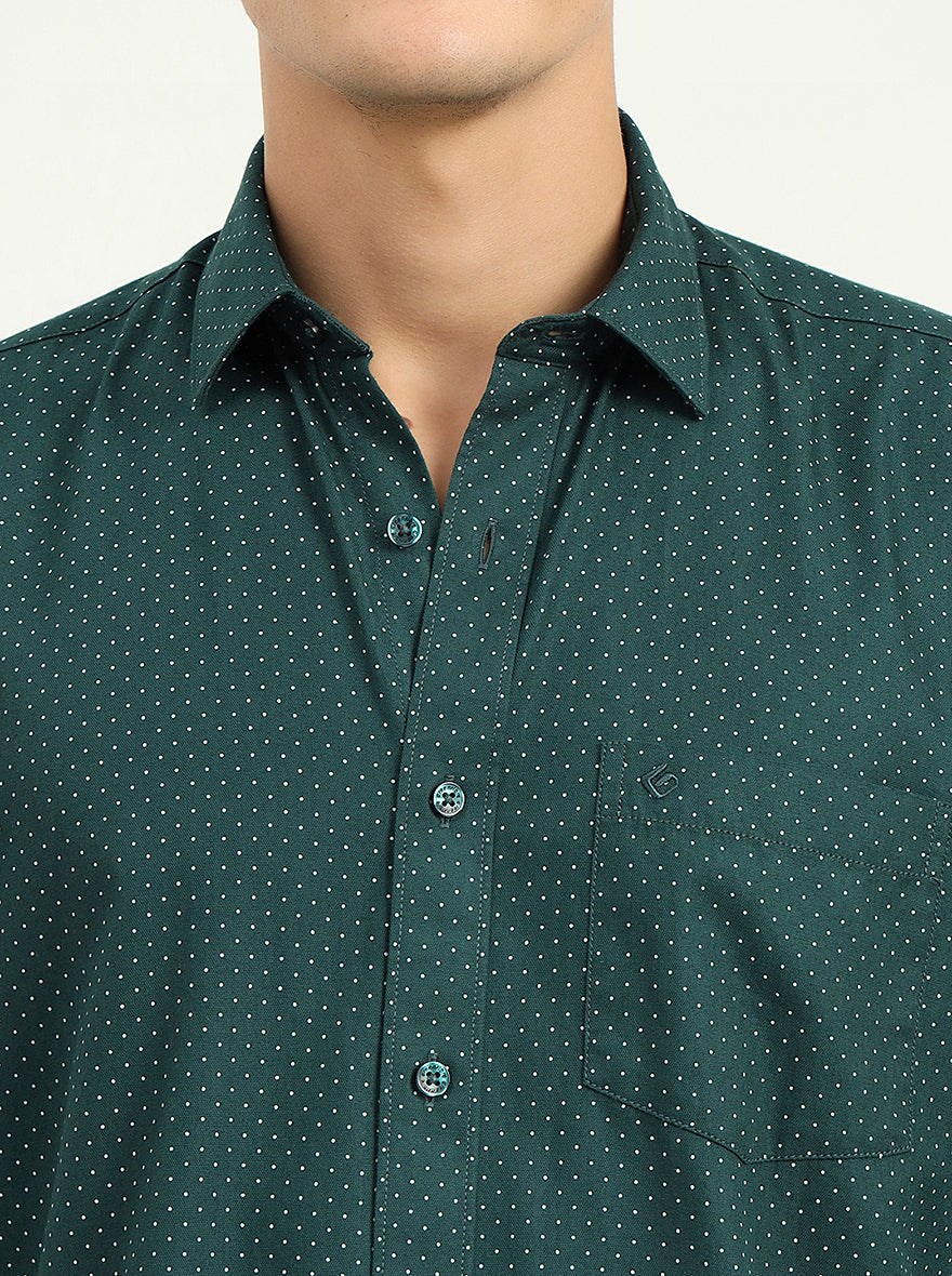 Bottle Green Printed Slim Fit Semi Casual Shirt | Greenfibre