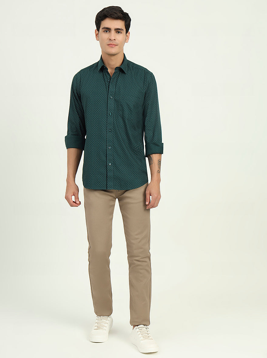 Bottle Green Printed Slim Fit Semi Casual Shirt | Greenfibre