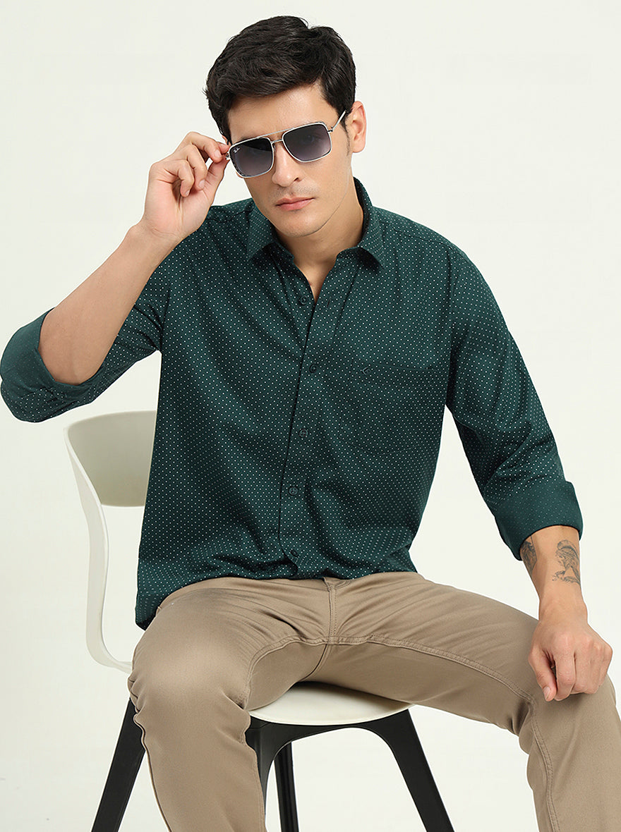 Bottle Green Printed Slim Fit Semi Casual Shirt | Greenfibre
