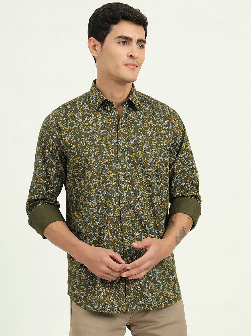 Olive Green Printed Slim Fit Semi Casual Shirt | Greenfibre