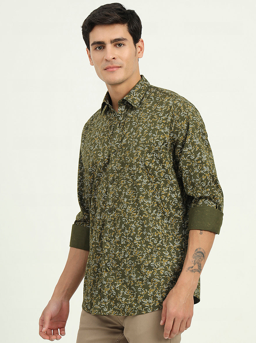 Olive Green Printed Slim Fit Semi Casual Shirt | Greenfibre
