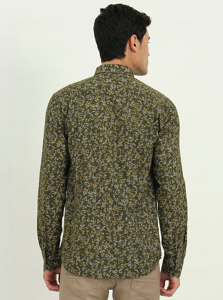 Olive Green Printed Slim Fit Semi Casual Shirt | Greenfibre