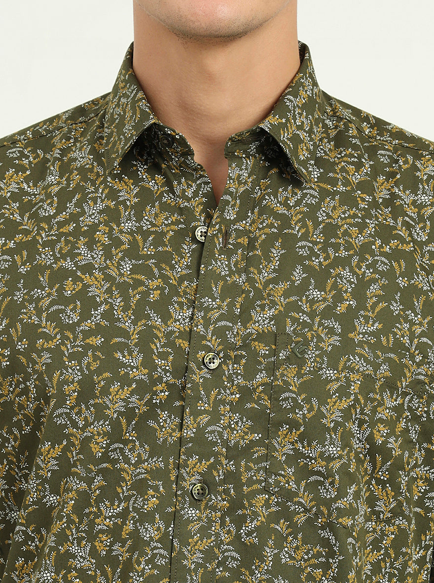 Olive Green Printed Slim Fit Semi Casual Shirt | Greenfibre
