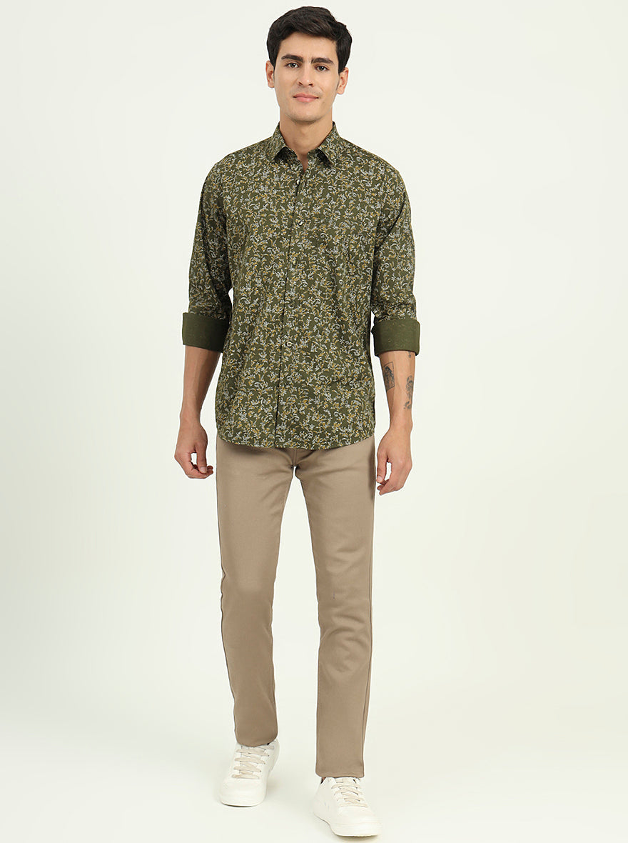 Olive Green Printed Slim Fit Semi Casual Shirt | Greenfibre
