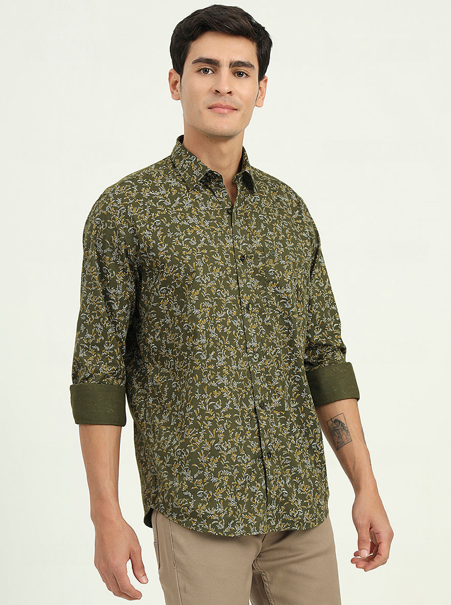 Olive Green Printed Slim Fit Semi Casual Shirt | Greenfibre
