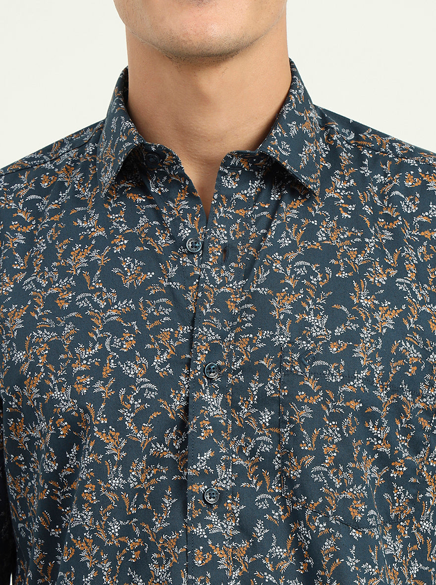 Navy Blue Printed Slim Fit Semi Casual Shirt | Greenfibre