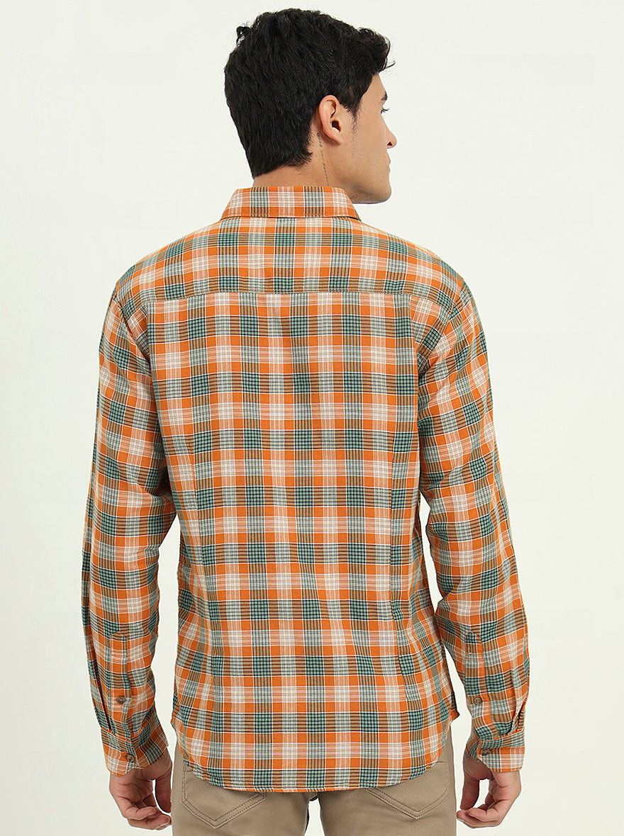 Orange & Green Checked Slim Fit Casual Shirt | Greenfibre