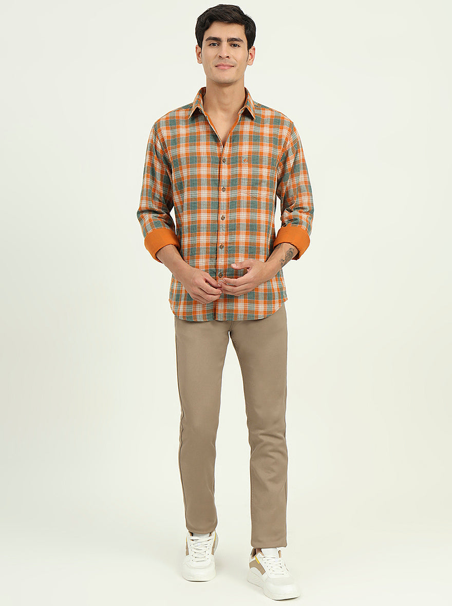 Orange & Green Checked Slim Fit Casual Shirt | Greenfibre