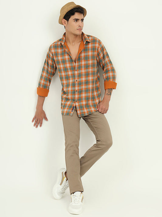 Orange & Green Checked Slim Fit Casual Shirt | Greenfibre