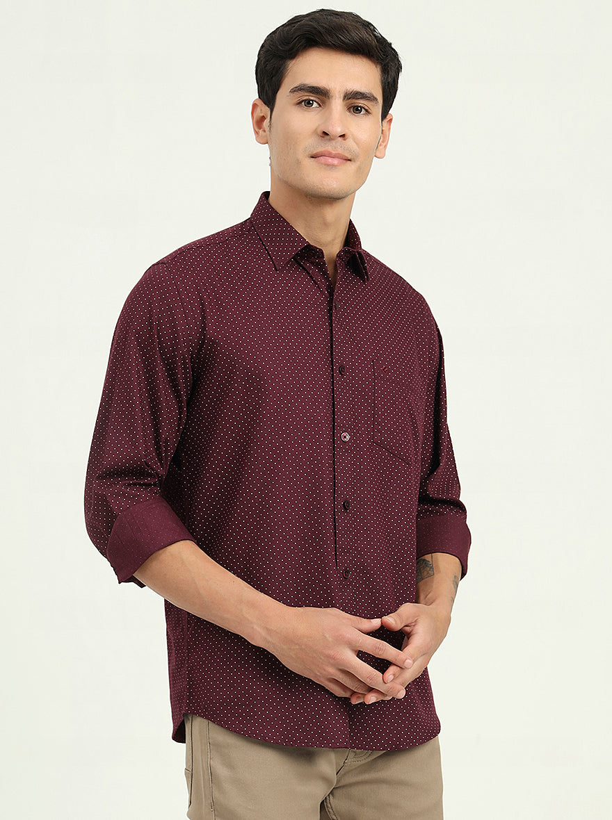 Wine Printed Slim Fit Semi Casual Shirt | Greenfibre