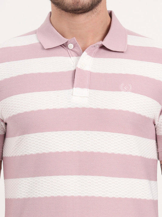 White & Mauve Striped Slim Fit Polo T-Shirt | Greenfibre
