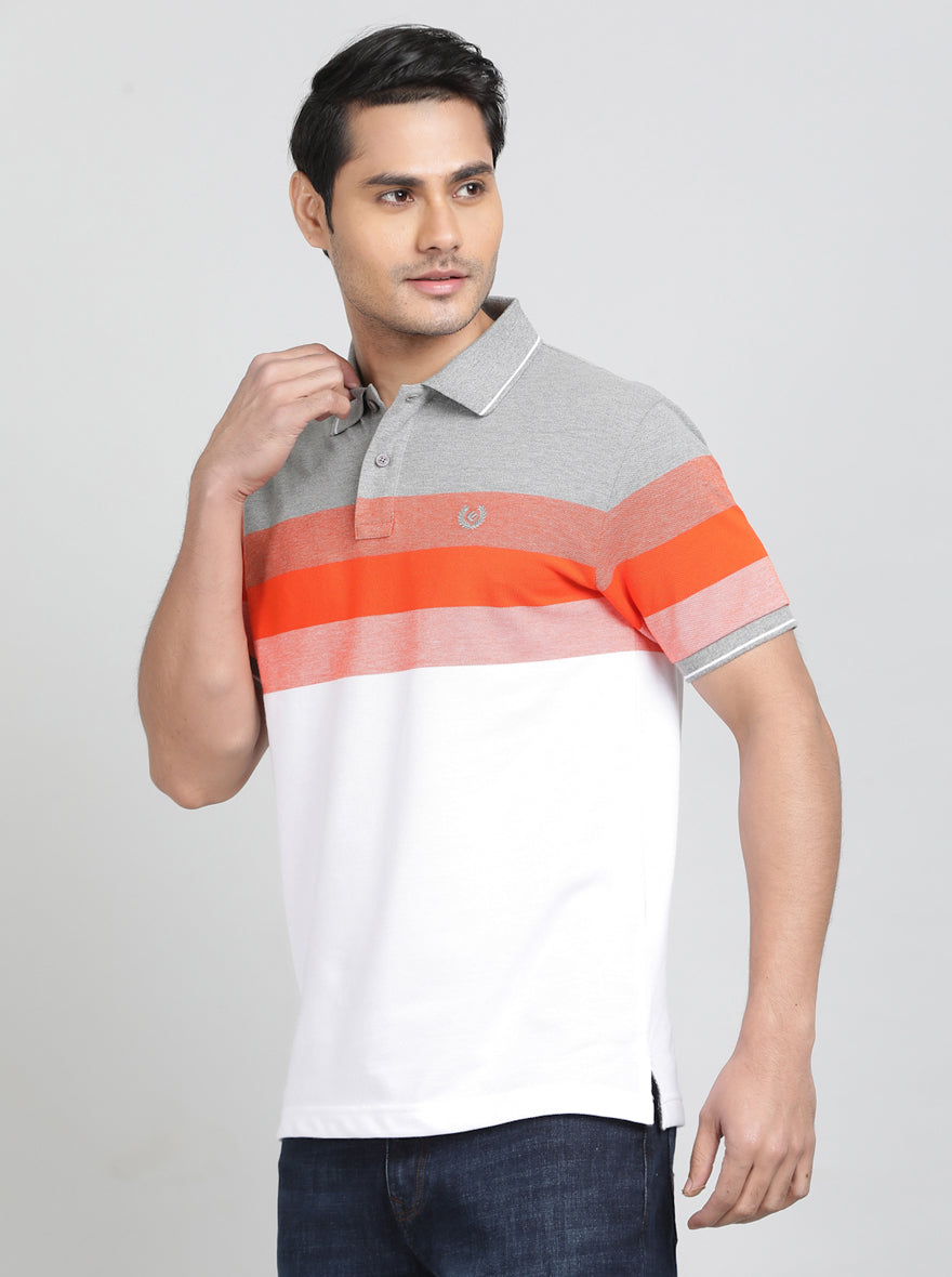 Orange Striped Slim Fit Polo T-Shirt | Greenfibre