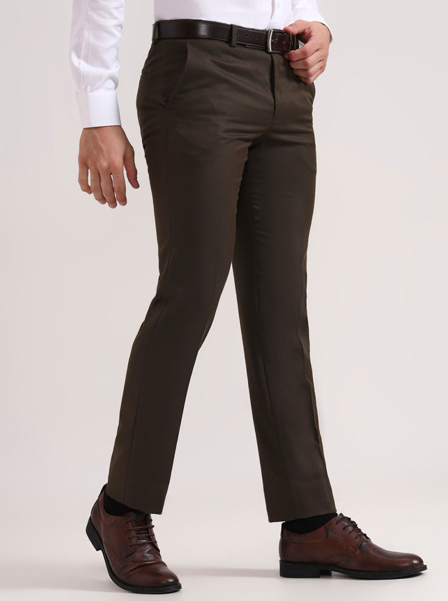 Olive Brown Solid Slim Fit Formal Trouser | Greenfibre