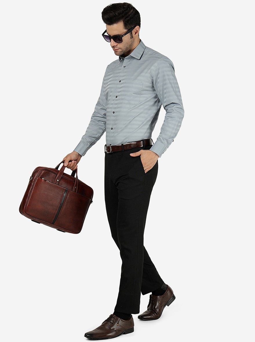 Grey Striped Regular Fit Formal Shirt | Greenfibre