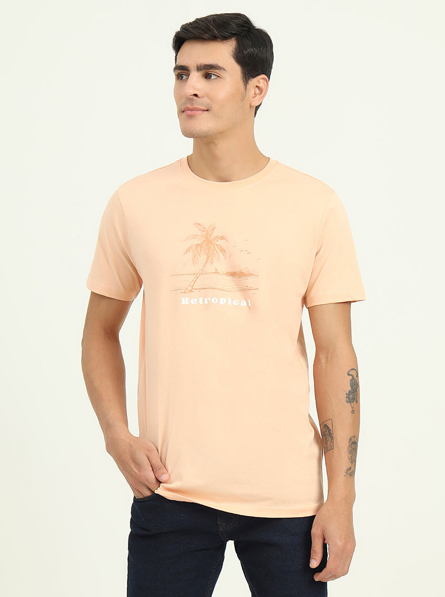 Peach Printed Slim Fit T-Shirt | Greenfibre