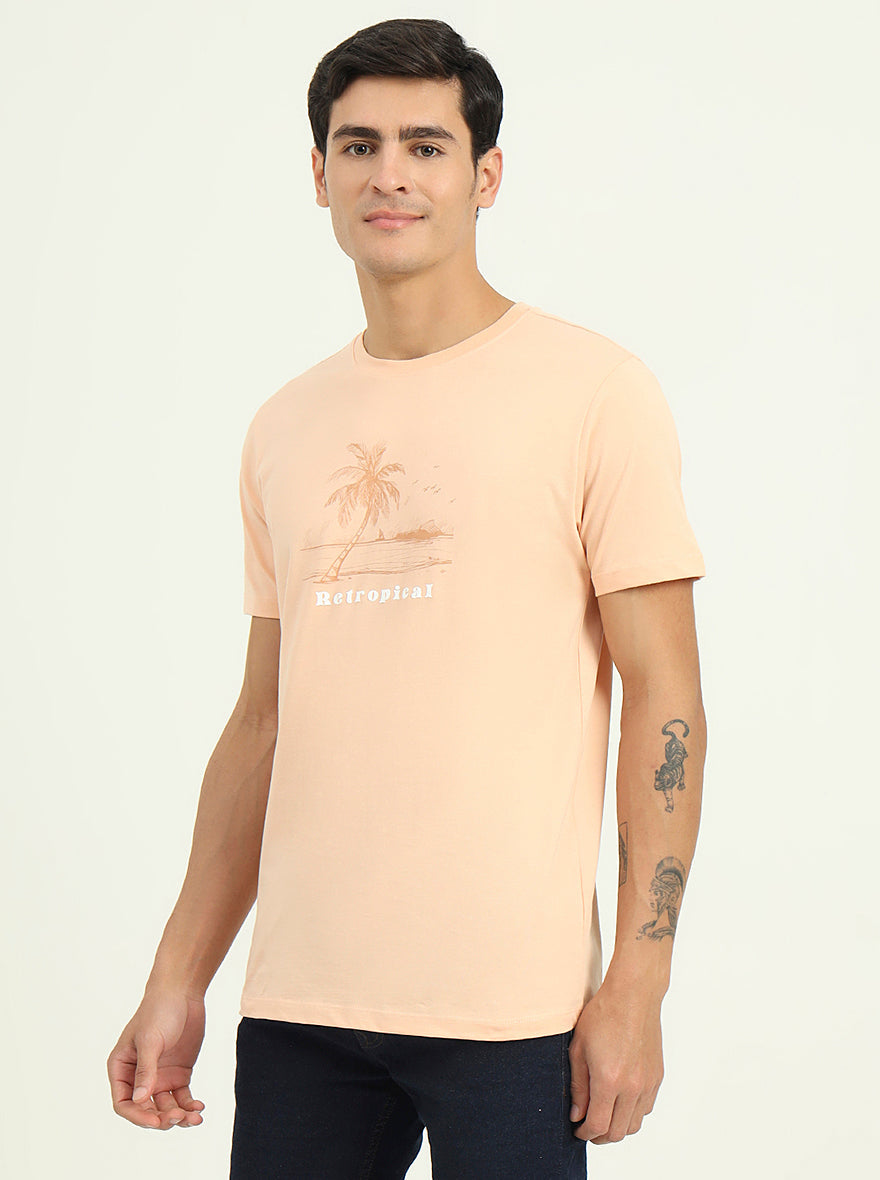 Peach Printed Slim Fit T-Shirt | Greenfibre