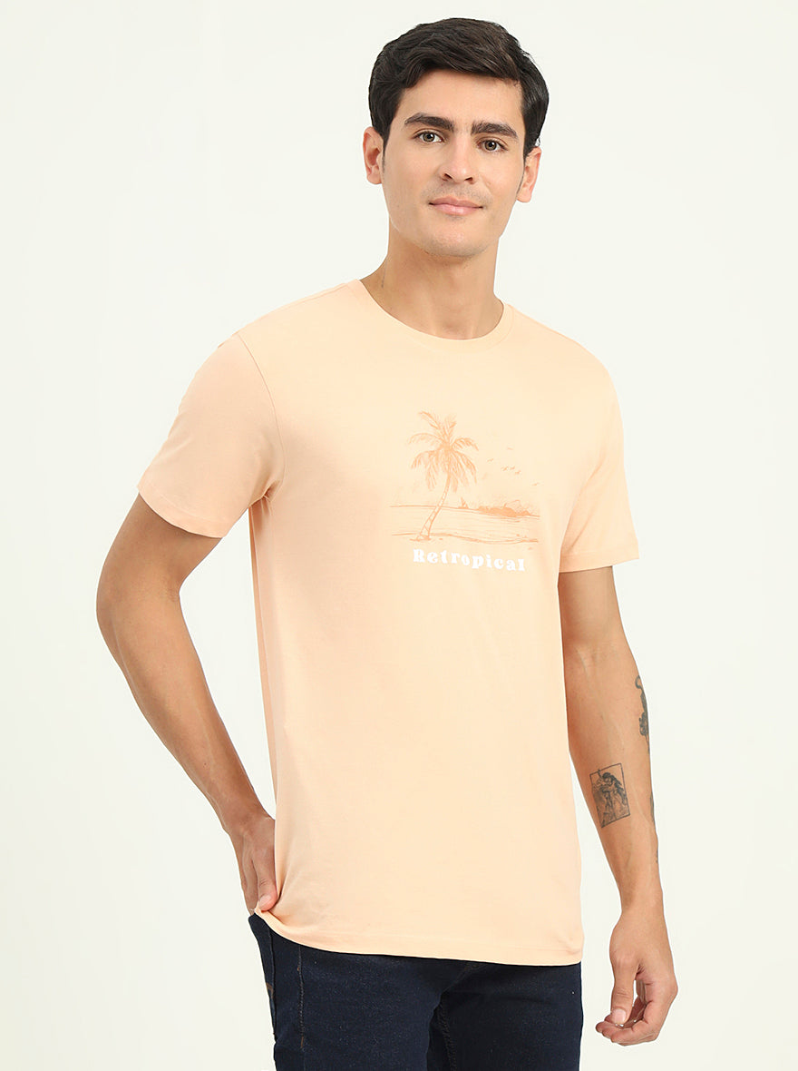 Peach Printed Slim Fit T-Shirt | Greenfibre