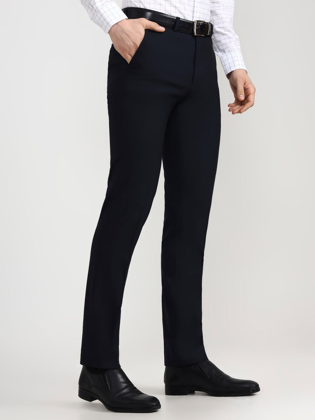 Navy Blue Solid Slim Fit Formal Trouser | Greenfibre