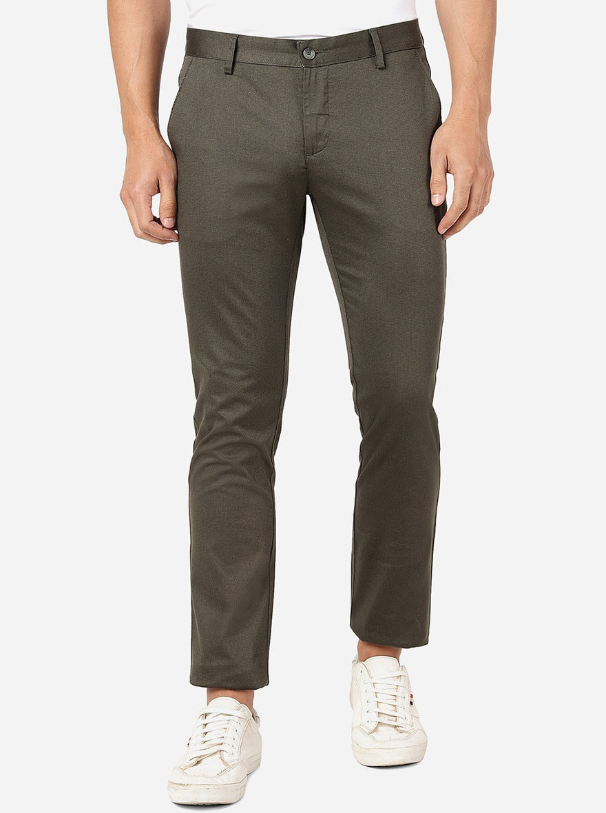 Olive Solid Super Slim Fit Casual Trouser | Greenfibre