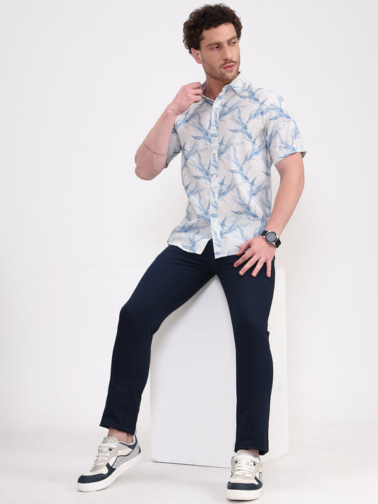 Blue Printed Slim Fit Casual Shirt | Greenfibre