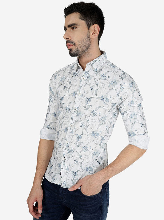 White Printed Slim Fit Casual Shirt | Greenfibre