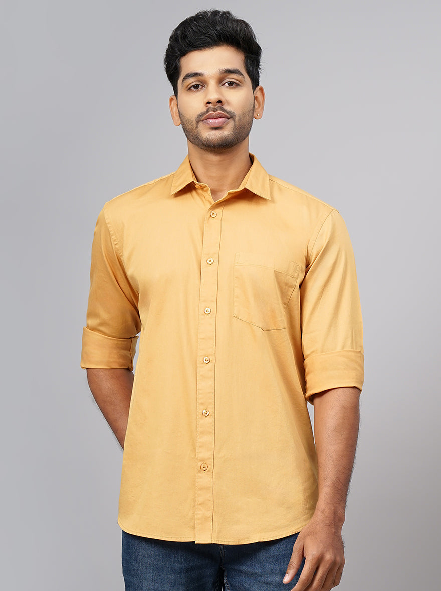 Mustard Yellow Solid Smart Fit Semi Casual Shirt | Greenfibre