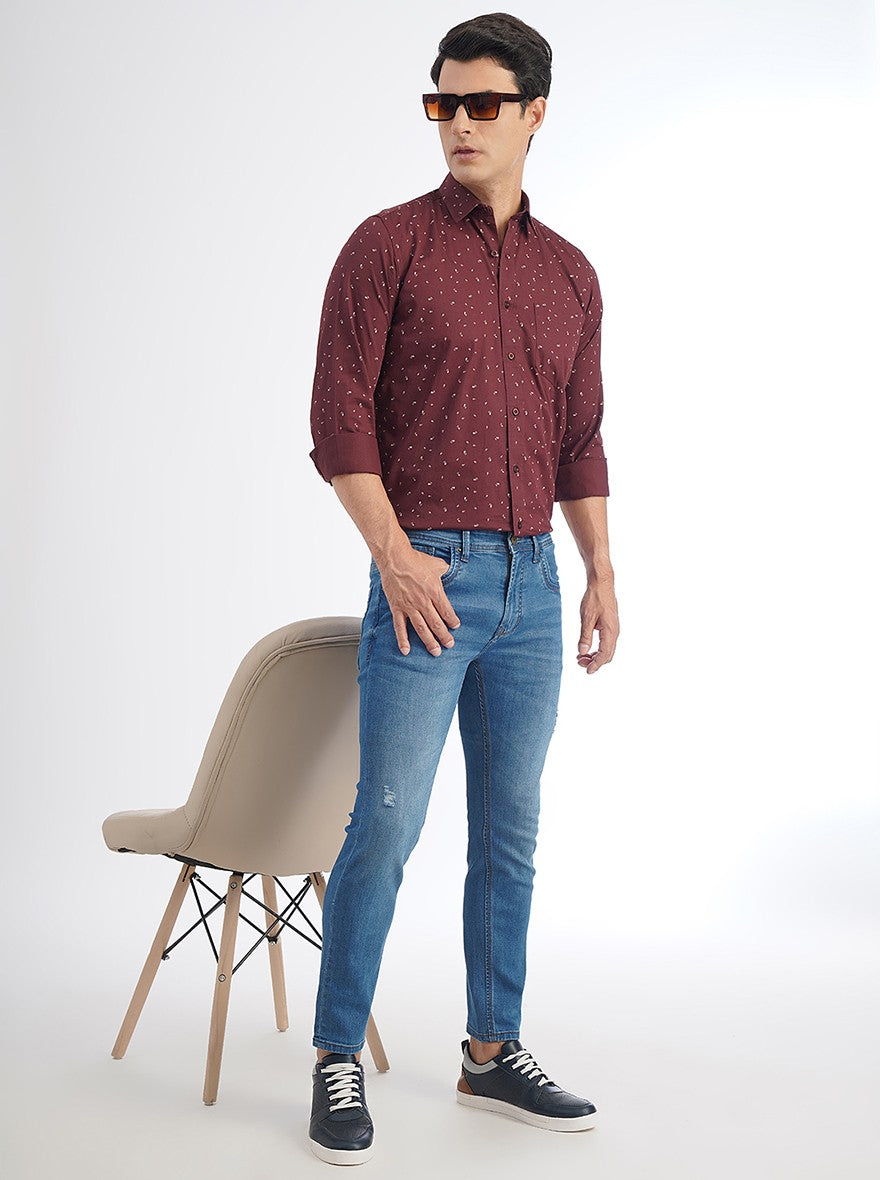 Maroon Printed Smart Fit Semi Casual Shirt | Greenfibre