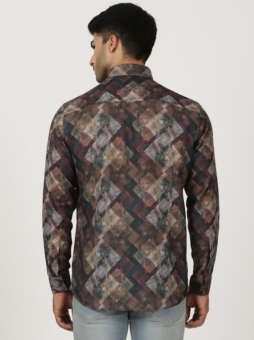 Brown Printed Slim Fit Party Wear Shirt | Greenfibre