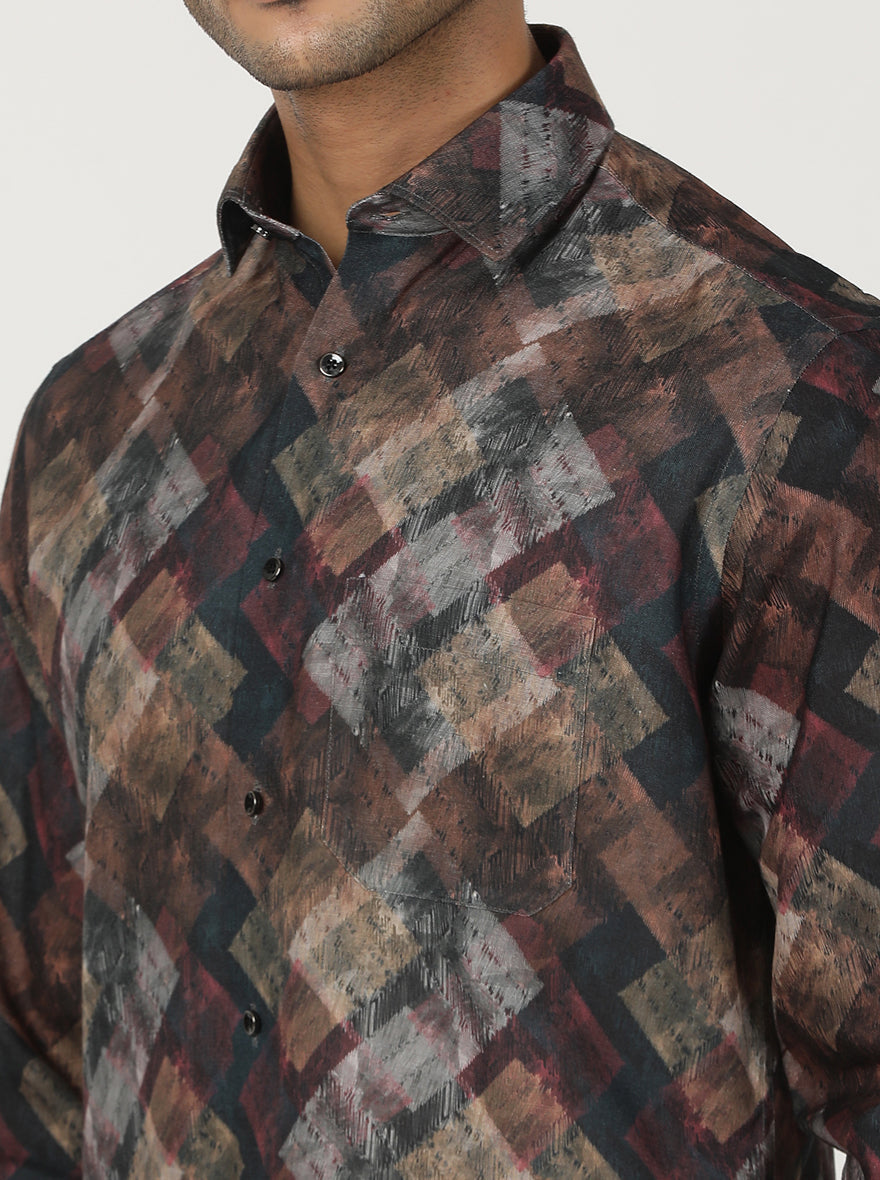 Brown Printed Slim Fit Party Wear Shirt | Greenfibre