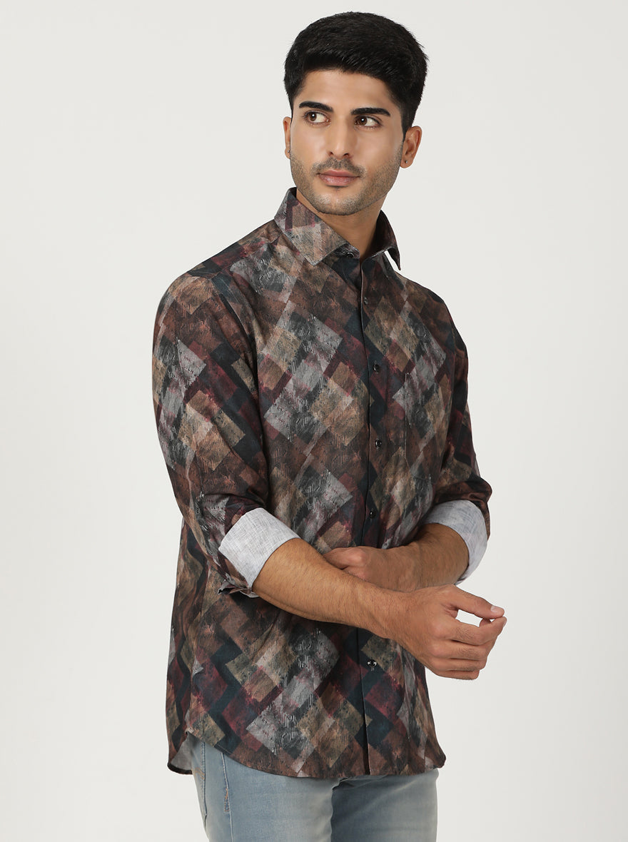 Brown Printed Slim Fit Party Wear Shirt | Greenfibre