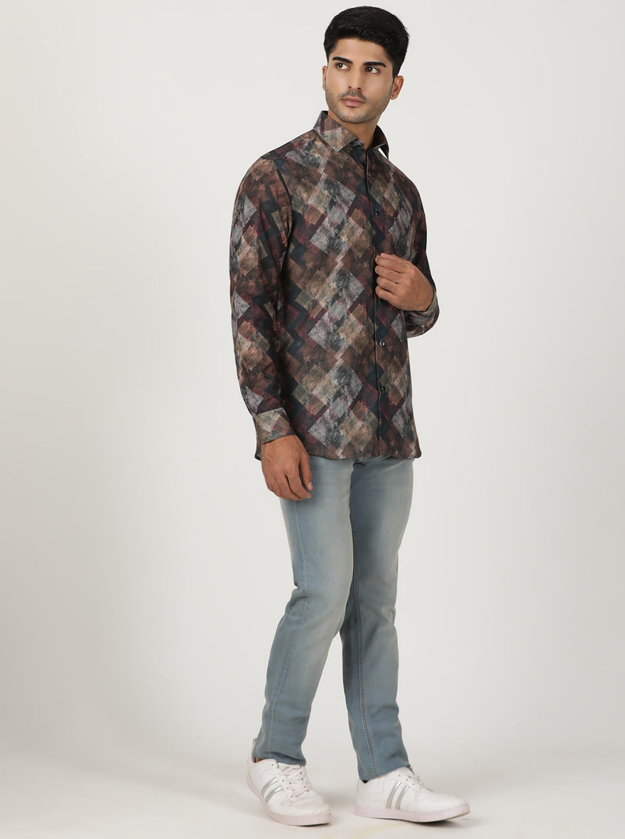 Brown Printed Slim Fit Party Wear Shirt | Greenfibre