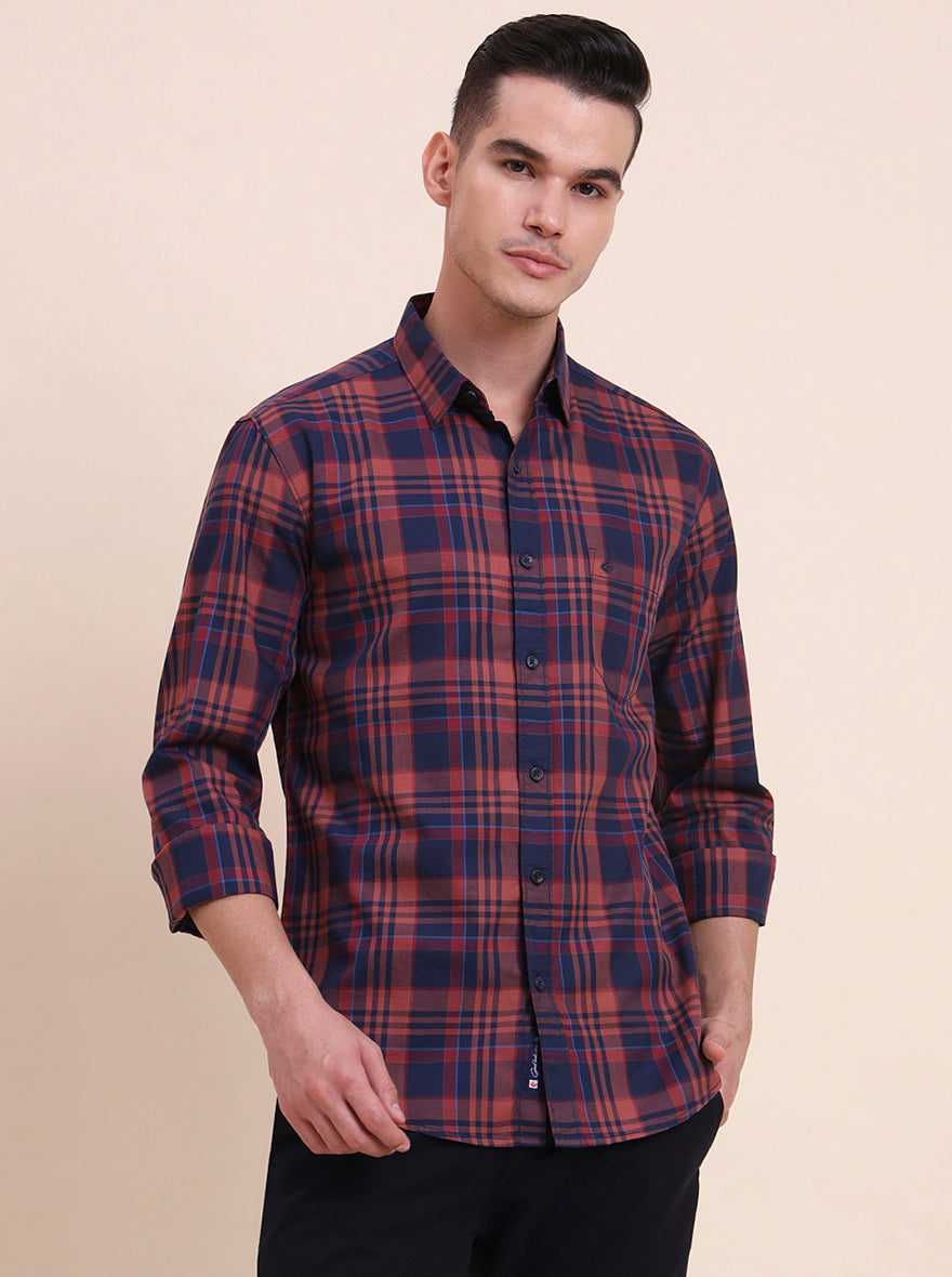 Navy Blue Checked Slim Fit Casual Shirt | Greenfibre