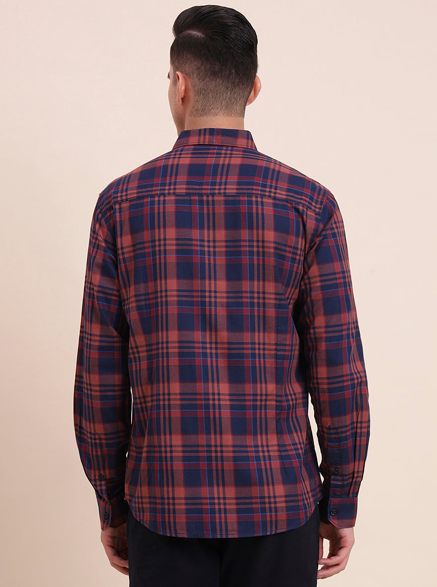 Navy Blue Checked Slim Fit Casual Shirt | Greenfibre
