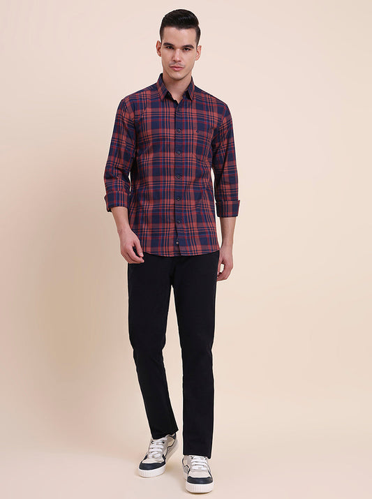 Navy Blue Checked Slim Fit Casual Shirt | Greenfibre