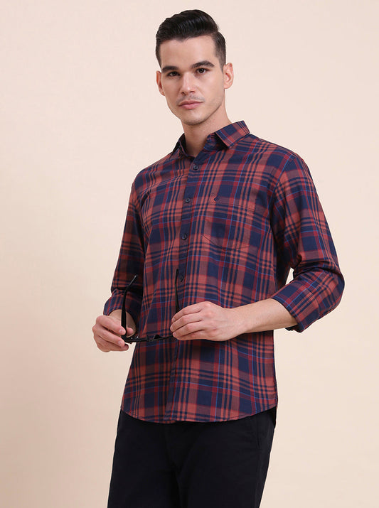 Navy Blue Checked Slim Fit Casual Shirt | Greenfibre