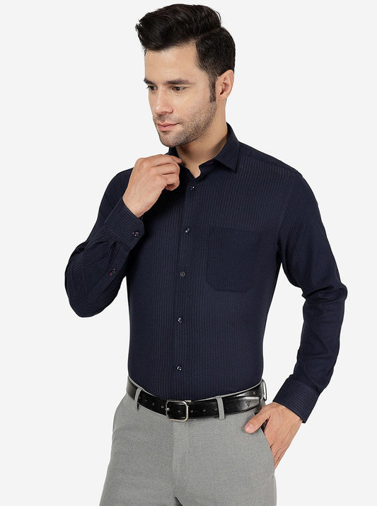 Navy Blue Striped Slim Fit Party Wear Shirt | Greenfibre
