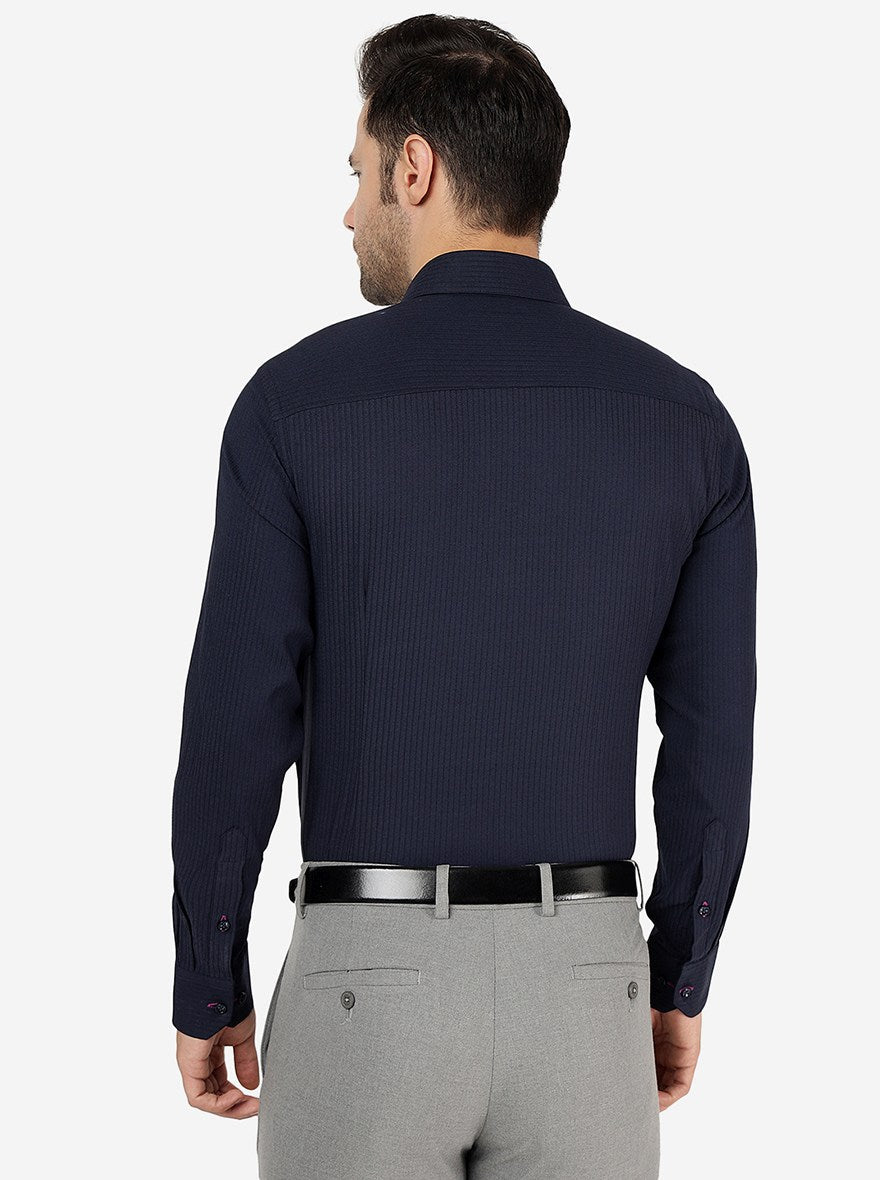 Navy Blue Striped Slim Fit Party Wear Shirt | Greenfibre