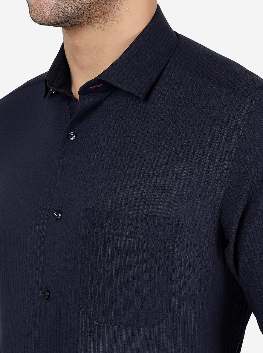 Navy Blue Striped Slim Fit Party Wear Shirt | Greenfibre