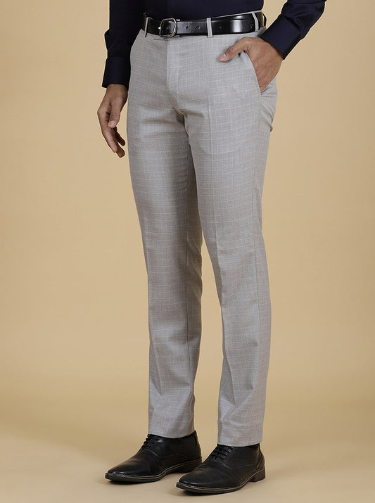 Light Grey Checked Super Slim Fit Formal Trouser | Greenfibre