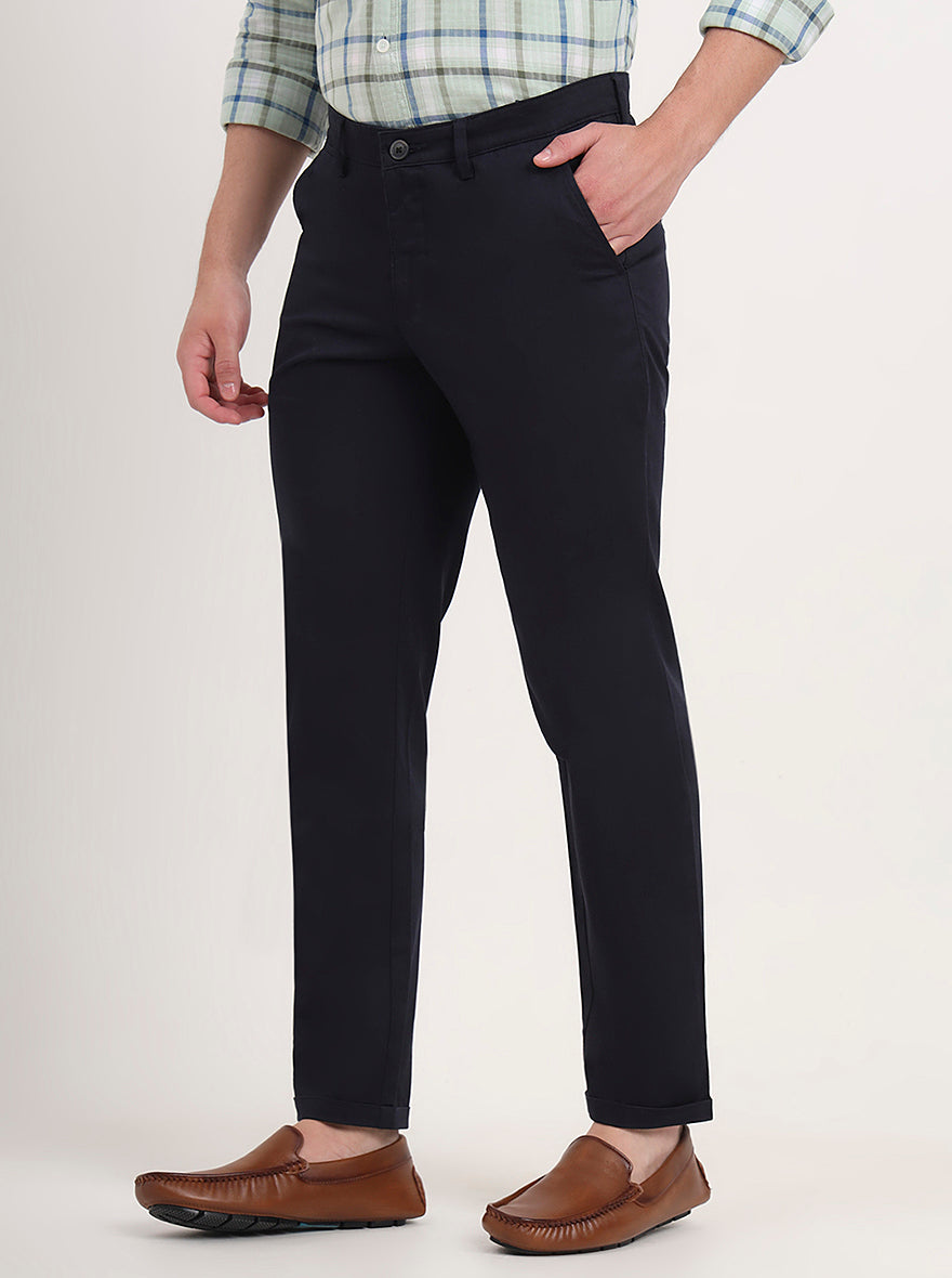Navy Blue Solid Slim Fit Casual Trouser | Greenfibre