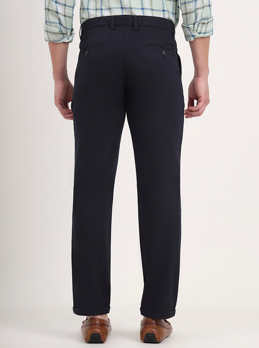 Navy Blue Solid Slim Fit Casual Trouser | Greenfibre